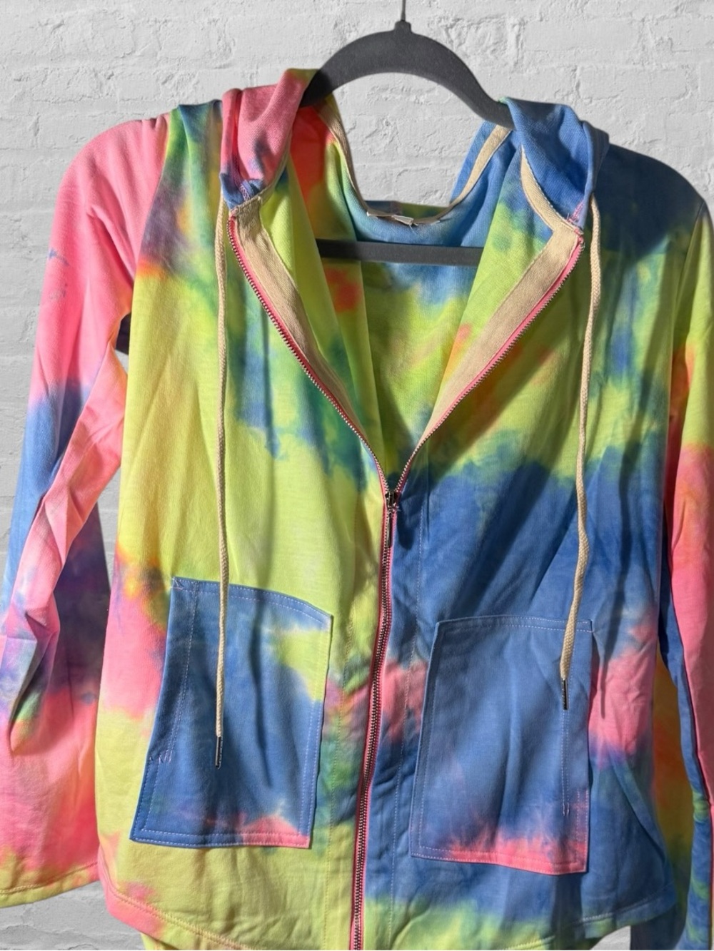Rose Velvet Neon Tie-Dye Hooded Jacket and Biker Shorts Set